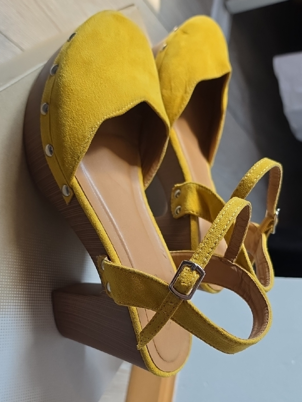 Qupid Yellow Suede Platform Block Heel Sandals